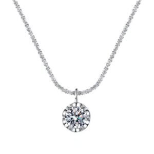 D-color VVS1 round moissanite pendant on sterling silver cauliflower chain
