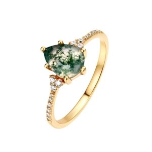 Dainty Moss Agate Ring, 10K gold-plated S925 silver, pear-shaped 6*8MM water moss agate, prong setting