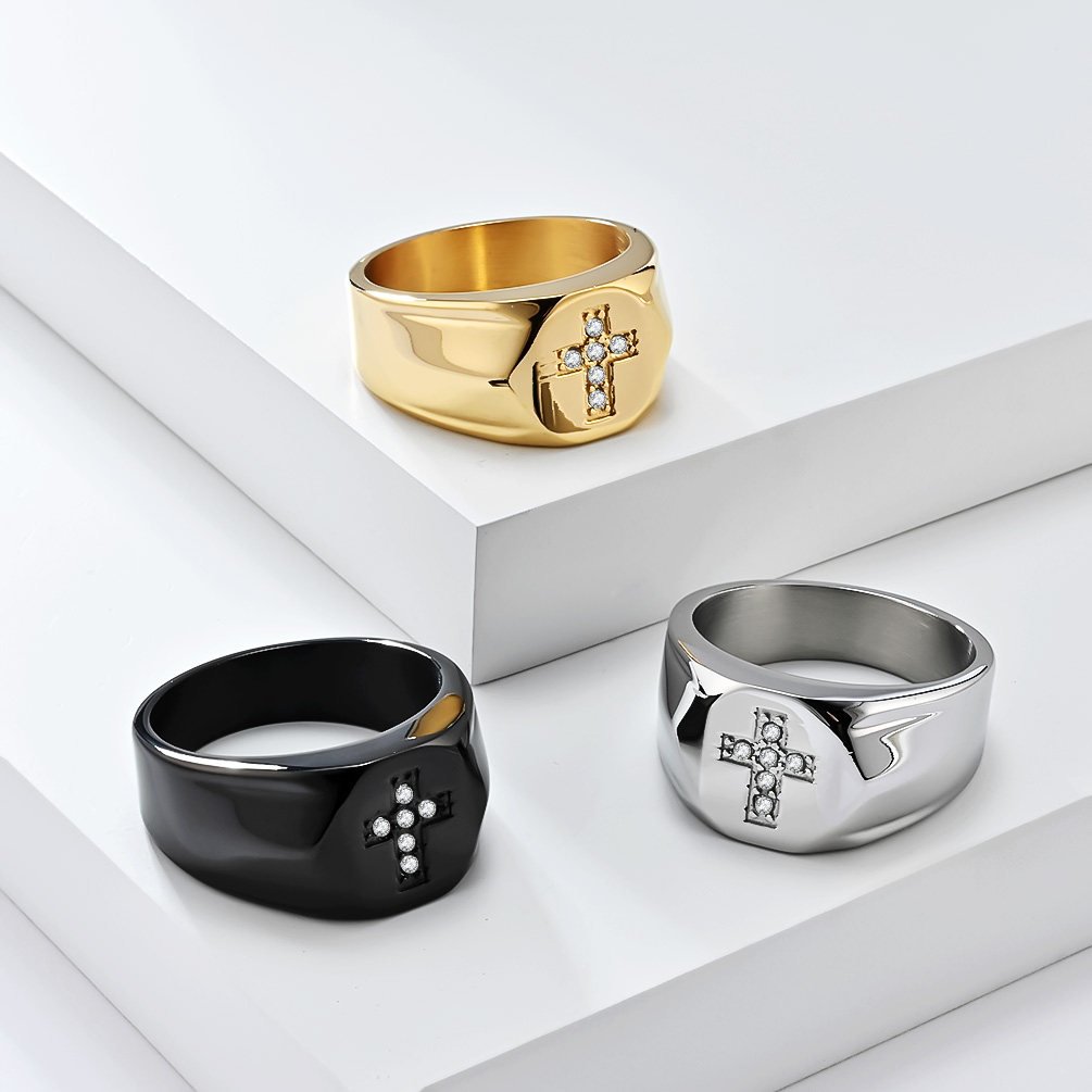 Diamond Cross Signet Ring available in gold, black, and silver finishes, Hip Hop Christian jewelry