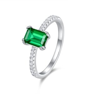 Emerald Octagonal Ring in S925 Silver with White Gold Plating, Lab-Grown Emerald
