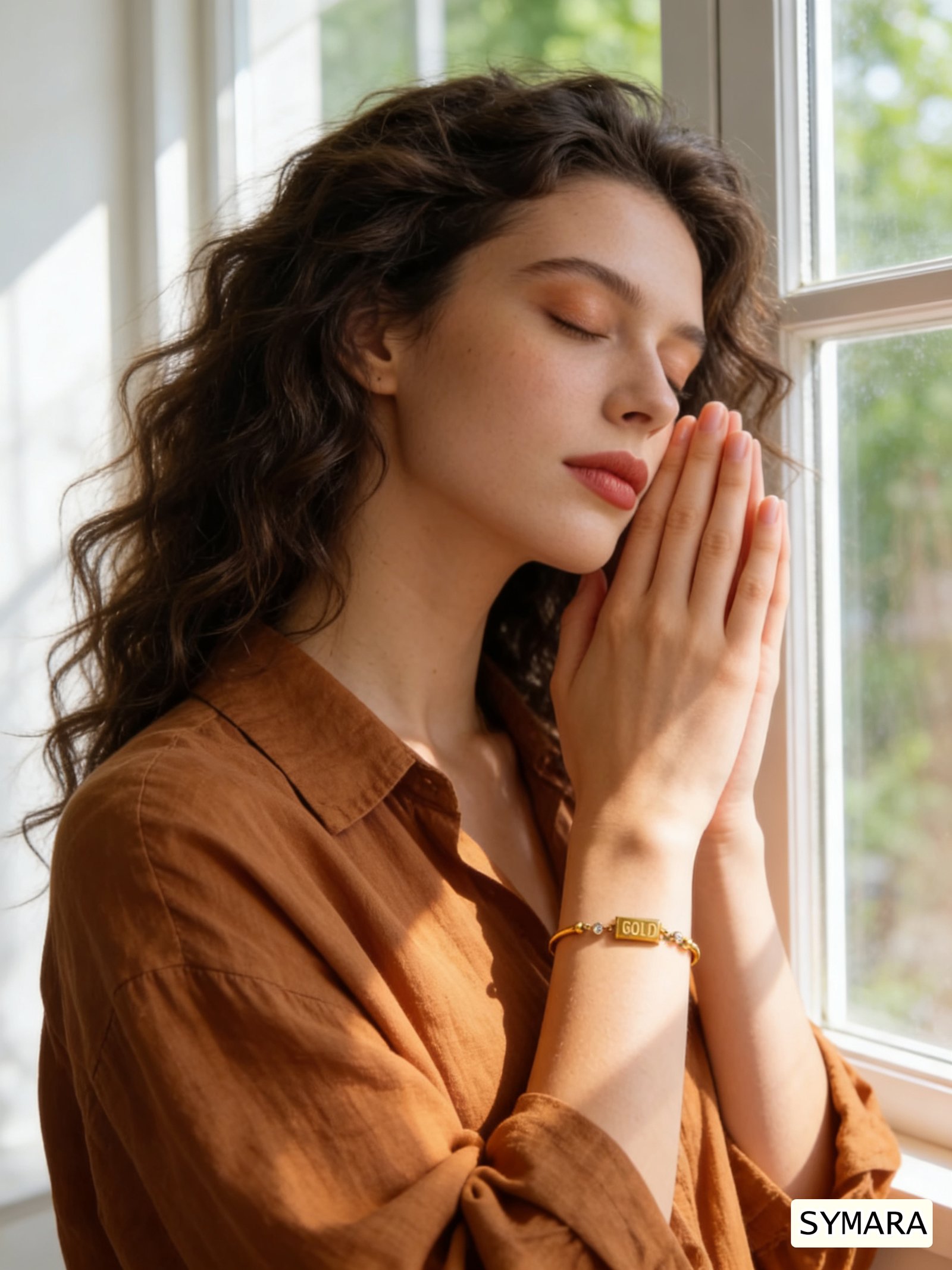 gold-bracelet-office-daily-wear-lifestyle Woman wearing a delicate gold bracelet on her wrist, 18K gold plated bar design with cubic zirconia accents, hypoallergenic and comfortable for daily wear, a perfect everyday accessory from SYMARA.