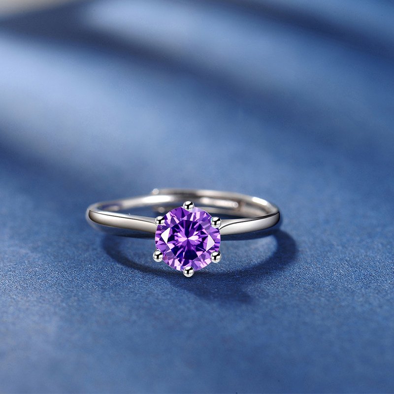 Natural round amethyst ring, 925 silver close-up, plain background, gemstone luster, detailed prong setting, Valentine's Day gift