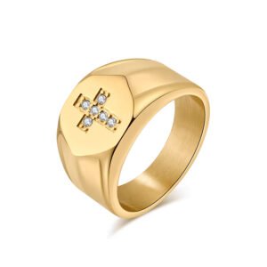 Men's Gold Pavé Diamond Cross Signet Ring, Christian jewelry with cubic zirconia stones