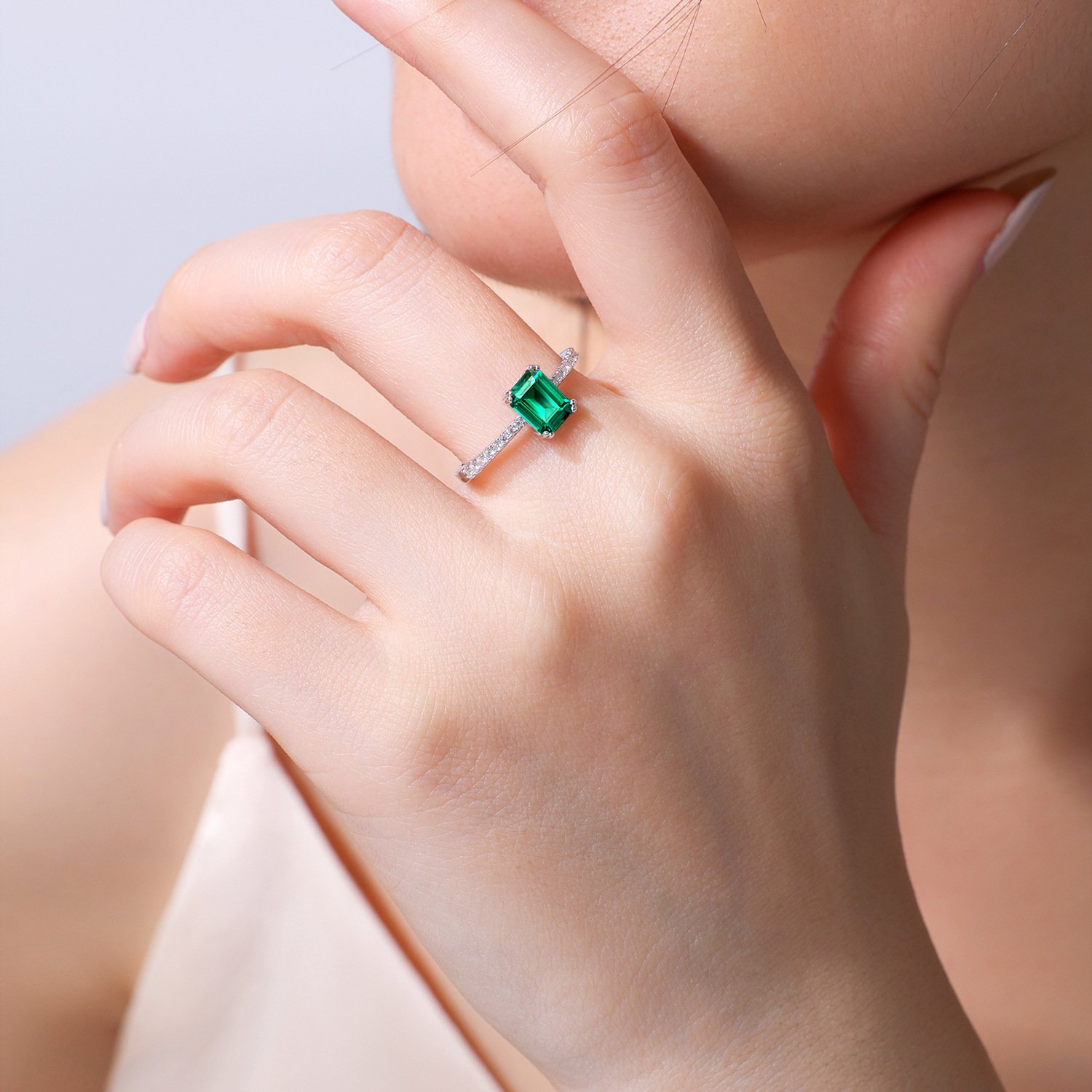Minimalist Emerald Octagonal Ring Worn on Finger, High Fashion Everyday Style