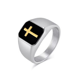 Minimalist Silver Titanium Steel Gold Cross Ring for Men with black enamel, Latin Cross design