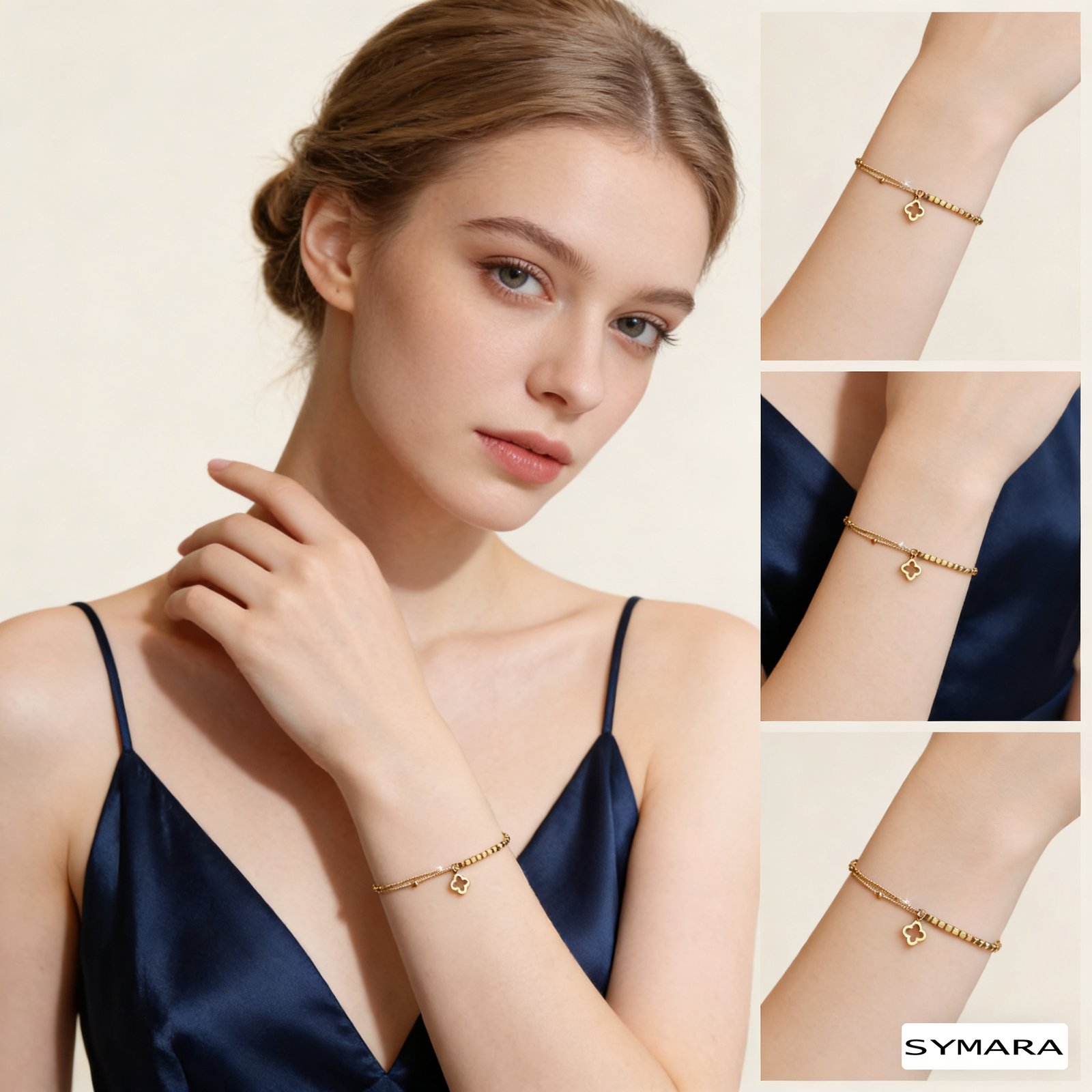 Close-up view of an adjustable clover bracelet fitted perfectly on a woman's wrist, showing the extension chain and secure lobster clasp, comfortable fit of the S925 sterling silver gold-plated bracelet.