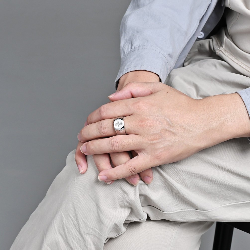Male model wearing Men's Gold Pavé Diamond Cross Signet Ring, Christian faith jewelry
