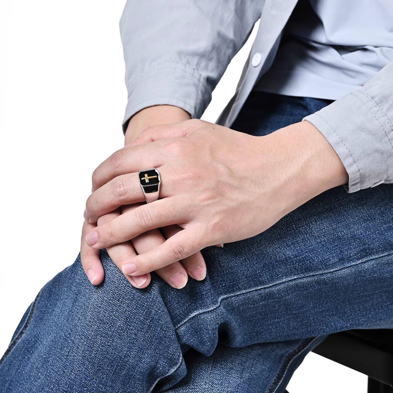 Male model wearing Minimalist Titanium Steel Cross Ring, Christian religious jewelry