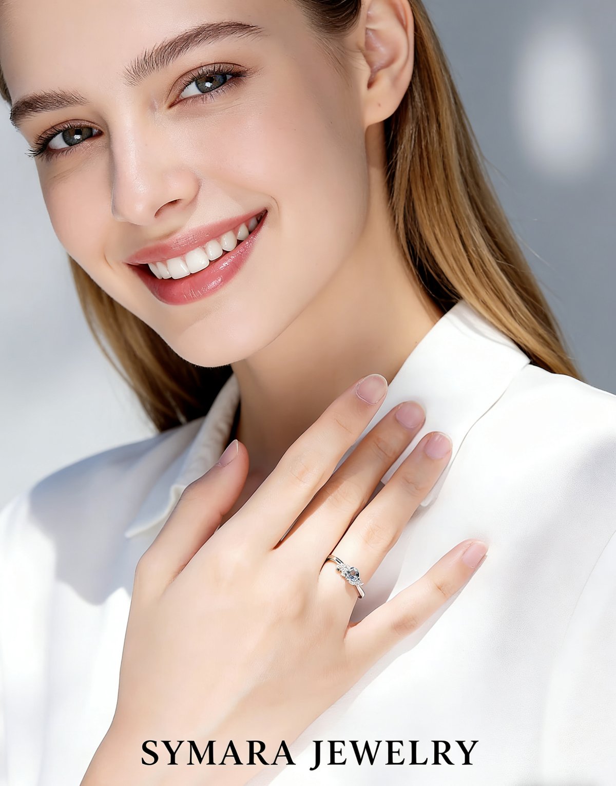 Model Wearing Oval Cut Aquamarine Anniversary Ring