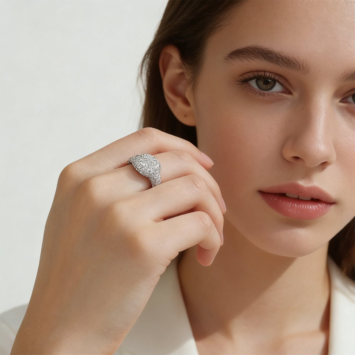 Model Wearing Pave Dome Moissanite Ring on Index Finger
