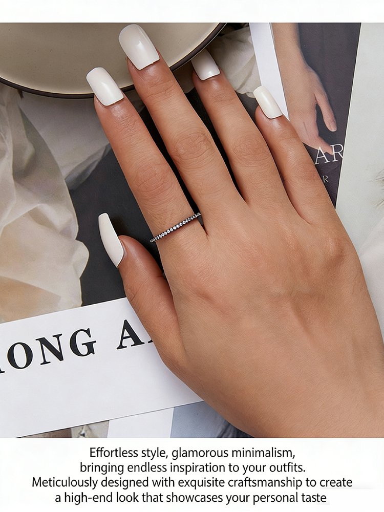 Model Wearing Thin Stackable CZ Ring on Finger (Unisex Style)