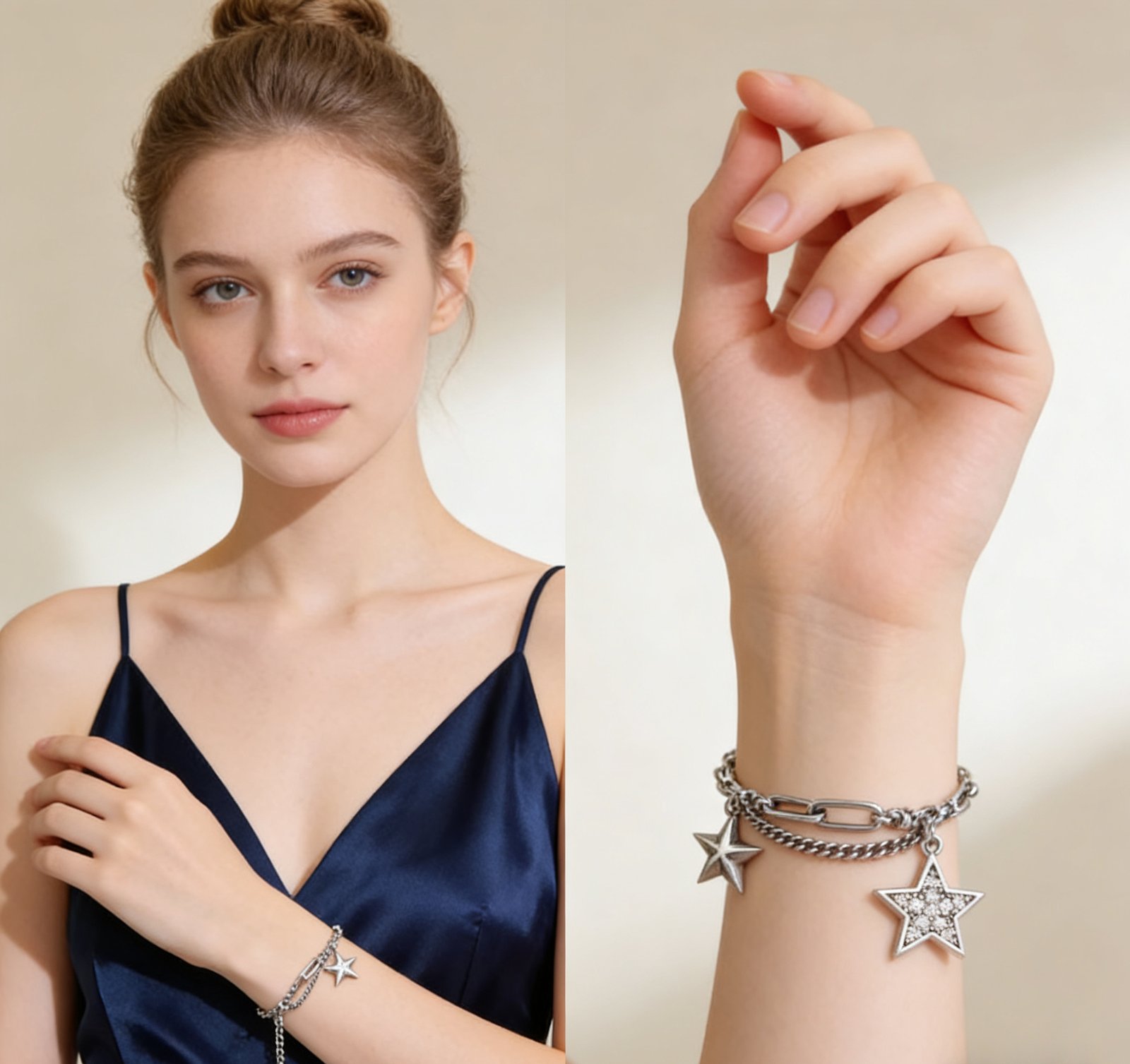Adjustable vintage silver bracelet fitted on a woman's wrist, showing 16cm chain plus 3cm extension, secure lobster clasp, oxidized star charms catching light, comfortable hypoallergenic fit for sensitive skin.