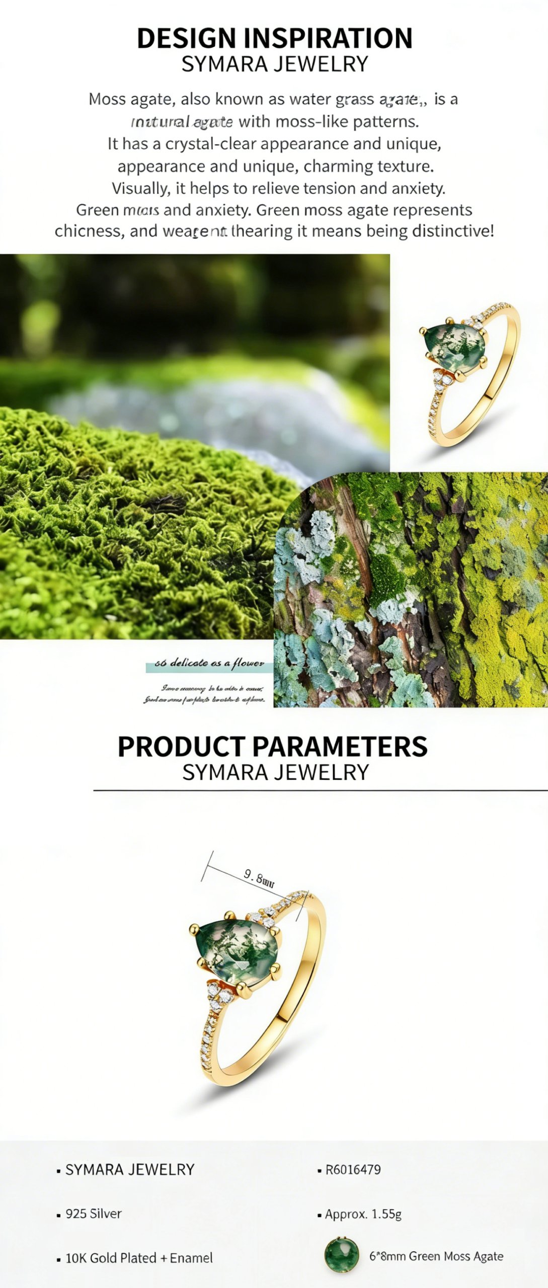 Dainty Moss Agate Ring, white gold-plated S925 silver, pear-cut aquatic agate, women’s jewelry