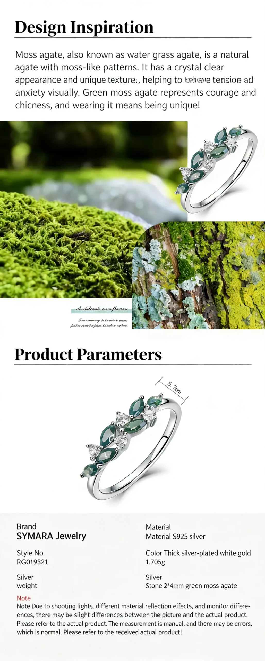 Close-up of marquise-cut 4*2mm moss agate ring, hand-set S925 silver, three-step polishing finish