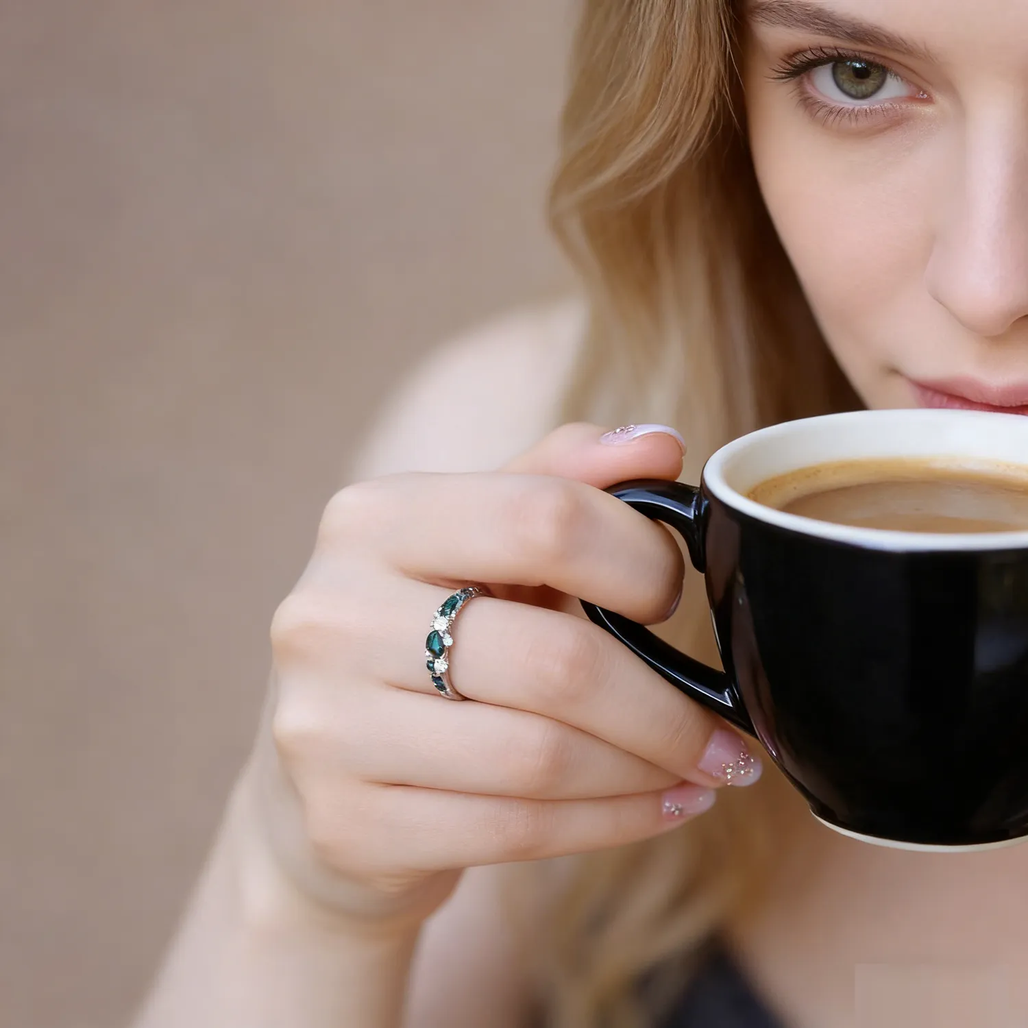 Woman wearing marquise moss agate ring on index finger, minimalist green moss agate jewelry for everyday wear
