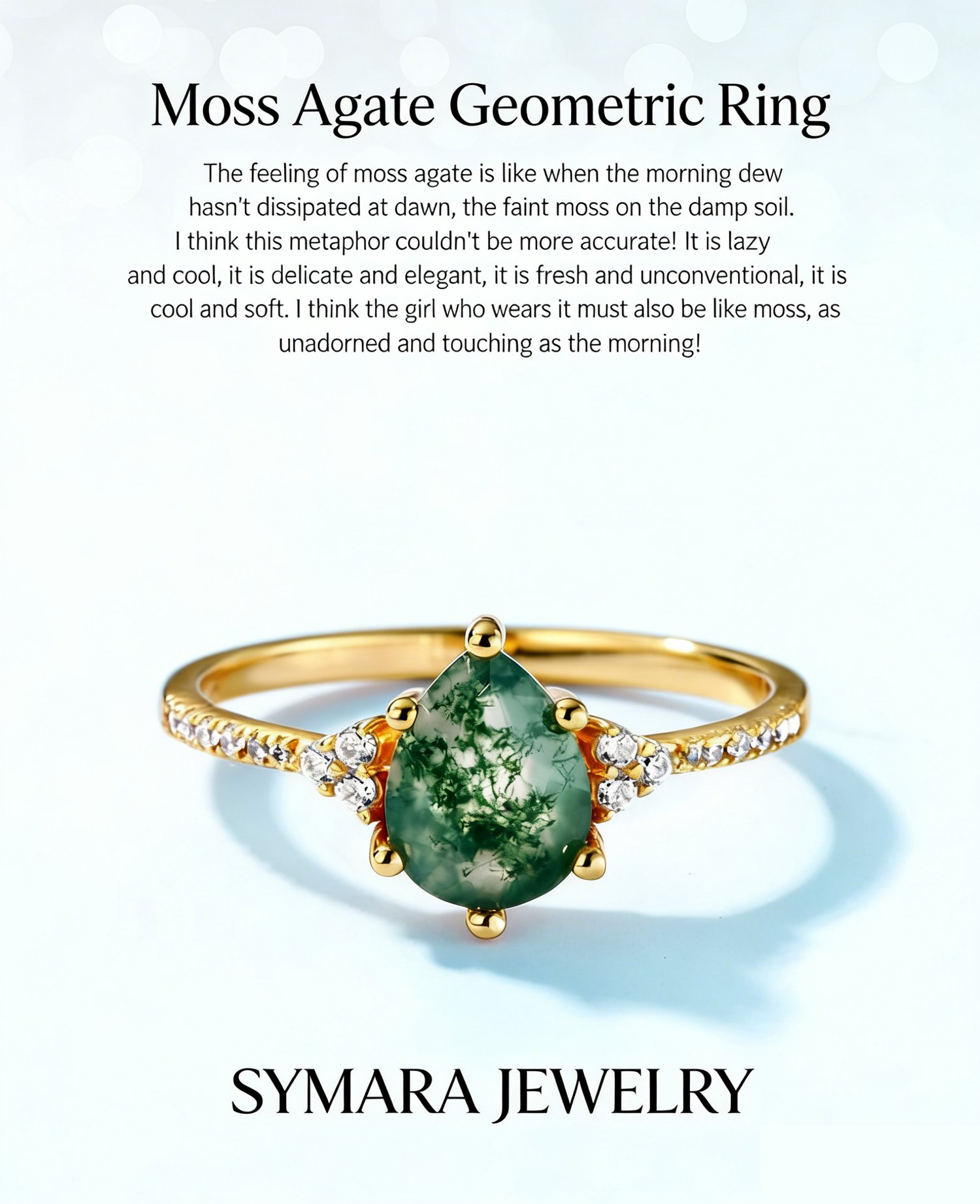 Dainty Moss Agate Ring, white gold-plated S925 silver, pear-cut aquatic agate, women’s jewelry