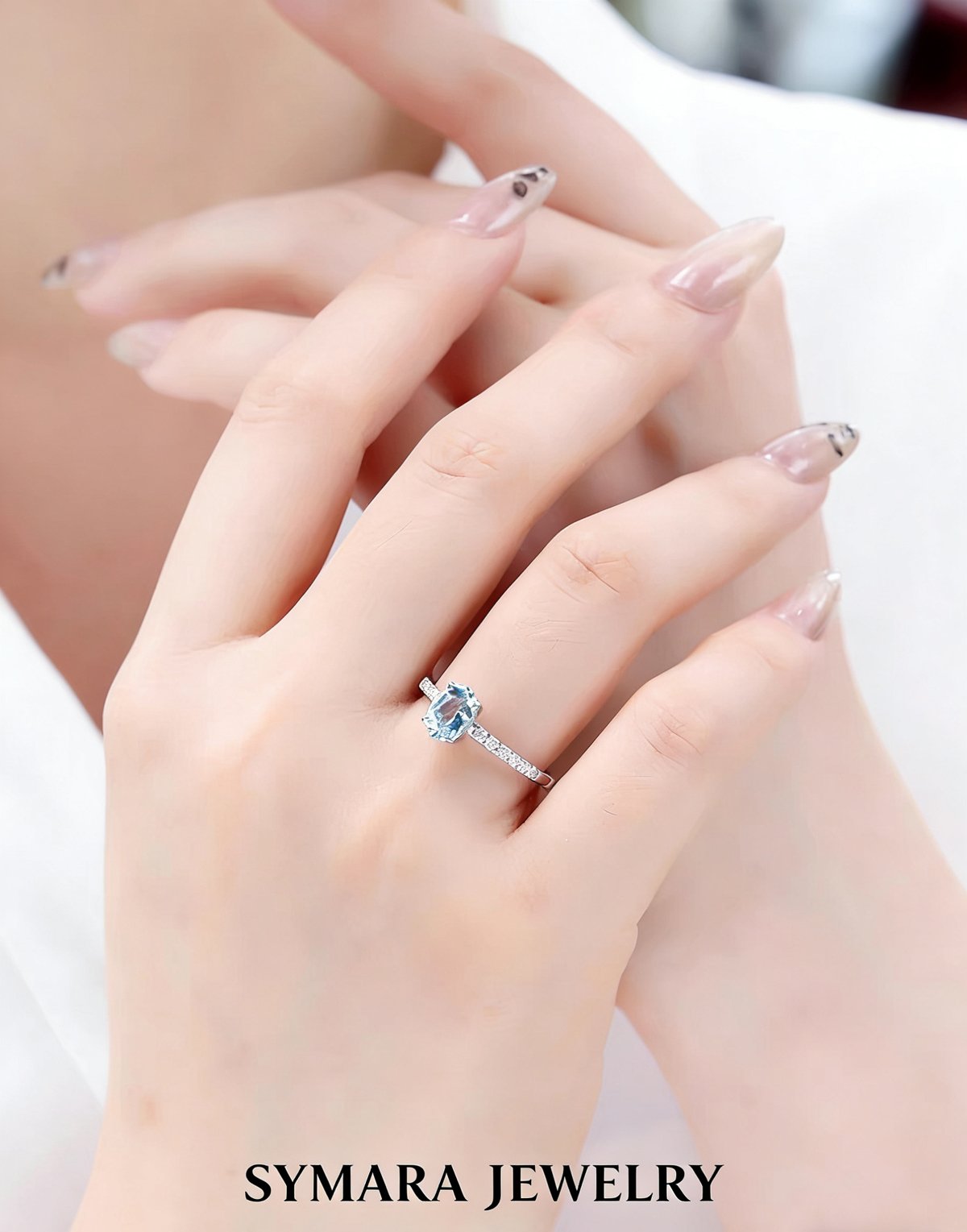 Oval Aquamarine Promise Ring Worn on Finger, Delicate Bridal Style