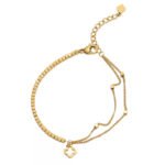 S925 silver gold-plated clover bracelet on clean white background, featuring delicate square bead design and four-leaf charm, 18K gold plated over real sterling silver, high-quality minimalist jewelry for everyday wear.