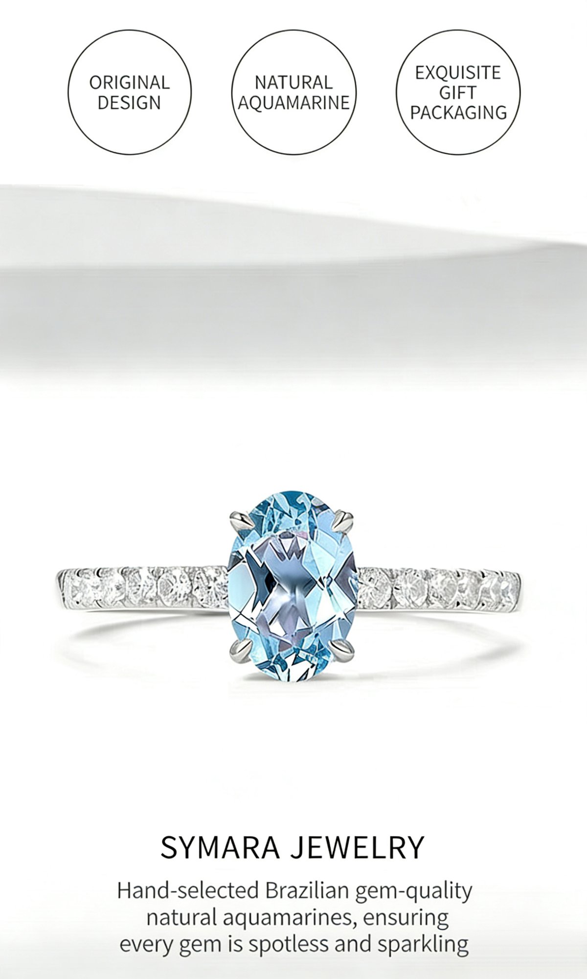 Close-up of Crown Four-Prong Oval Aquamarine Ring with CZ Accents