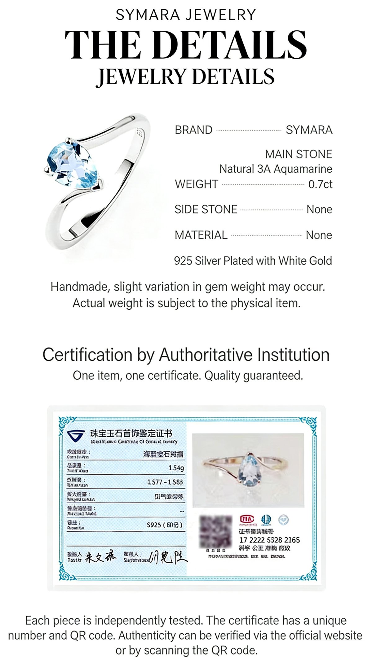Gemstone Appraisal Certificate for Pear Cut Aquamarine S925 Silver Ring