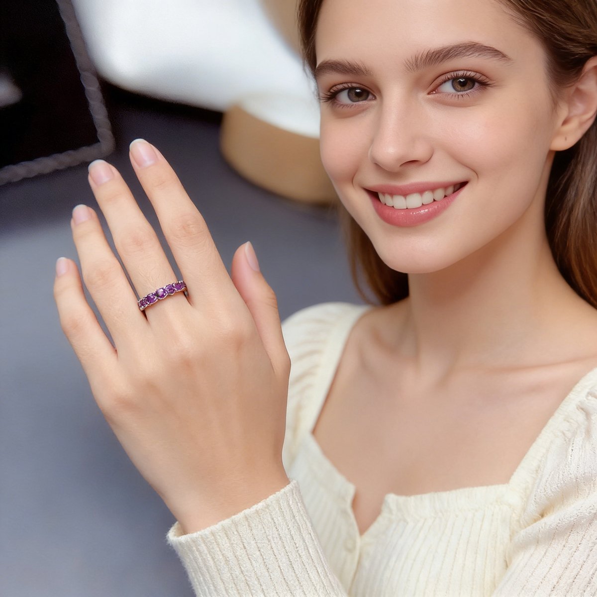 natural gemstone ring featuring March birthstone amethyst, 925 silver half eternity band