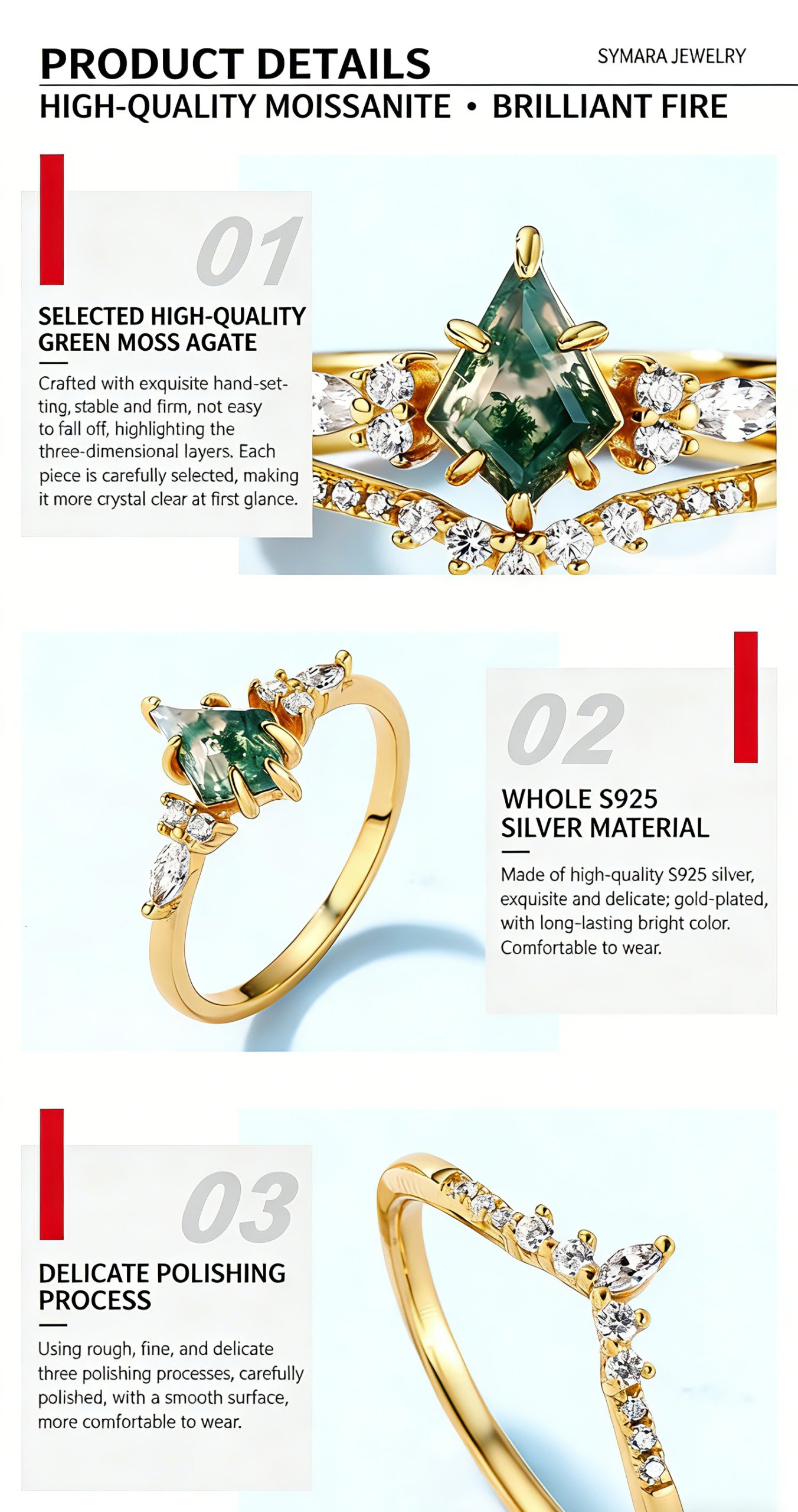 SYMARA Art Deco Moss Agate Ring, 10K gold-plated S925 silver, 6*9mm green moss agate, cubic zirconia accents