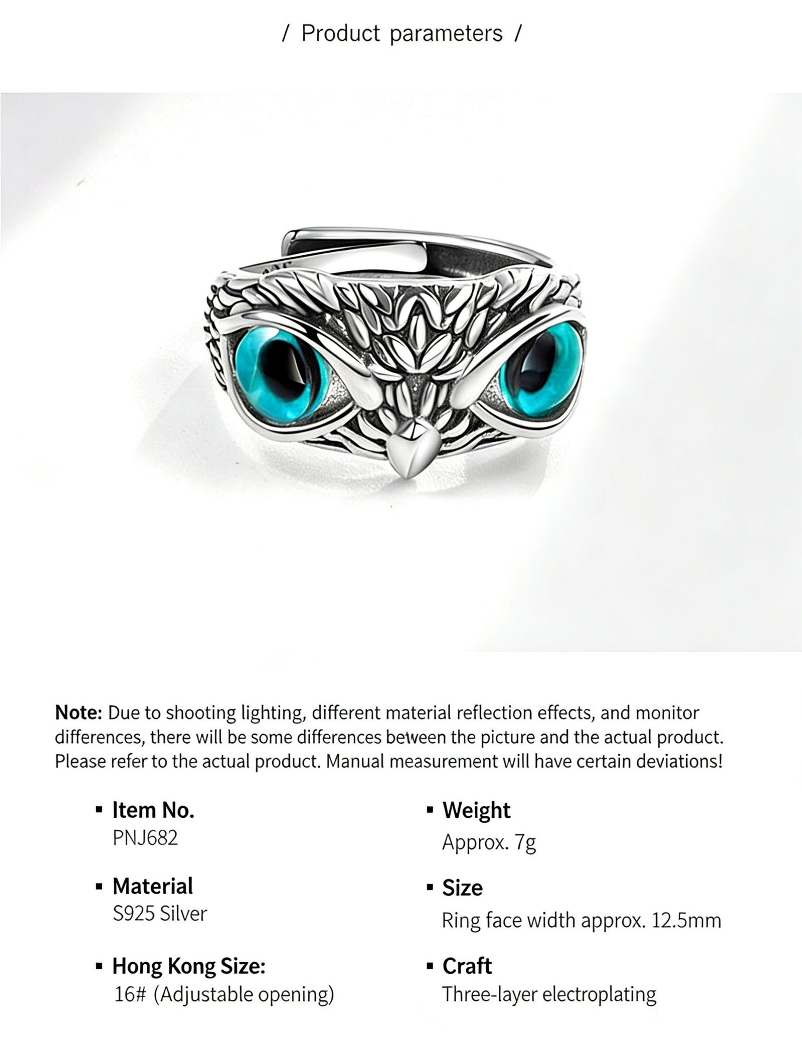Close-up of Blue-Eyed Owl Ring, hand-carved feather details, S925 silver electroplated finish