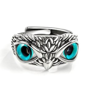 SYMARA Blue-Eyed Owl Ring, S925 sterling silver vintage open ring, Thai silver finish