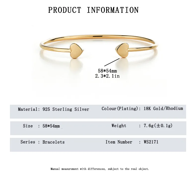SYMARA Classic Heart Open Bangle in S925 sterling silver with 18K gold plated finish on white background