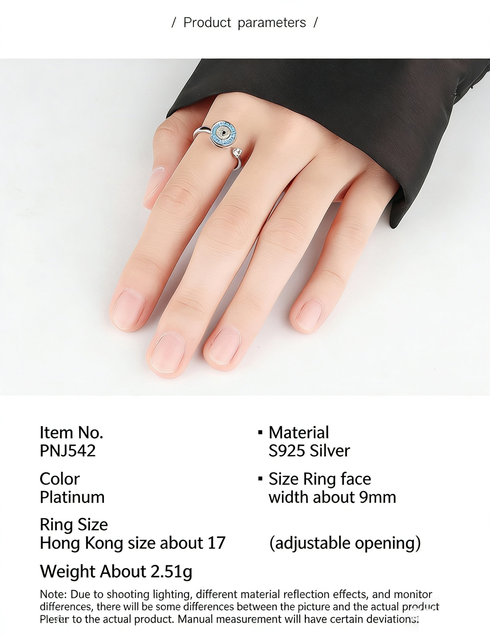 Close-up of Evil Eye Spinning Ring, spinning evil eye motif with cubic zirconia, S925 silver electroplated finish