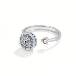SYMARA Evil Eye Spinning Ring, platinum plated S925 silver, unisex open adjustable ring with cubic zirconia