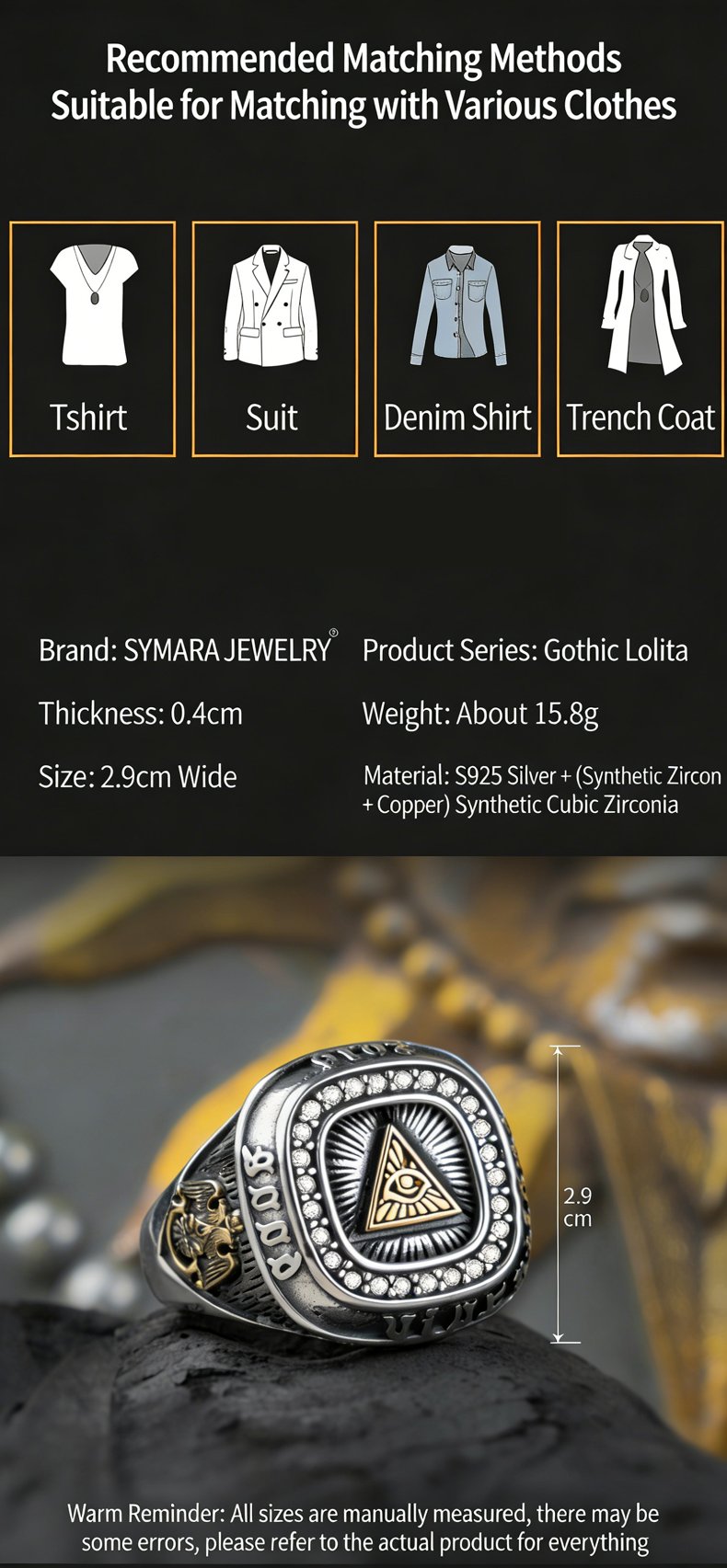 Vintage men’s S925 silver ring side view, 0.4cm thickness, 2.9cm width, Eye of Providence motif with CZ inlay