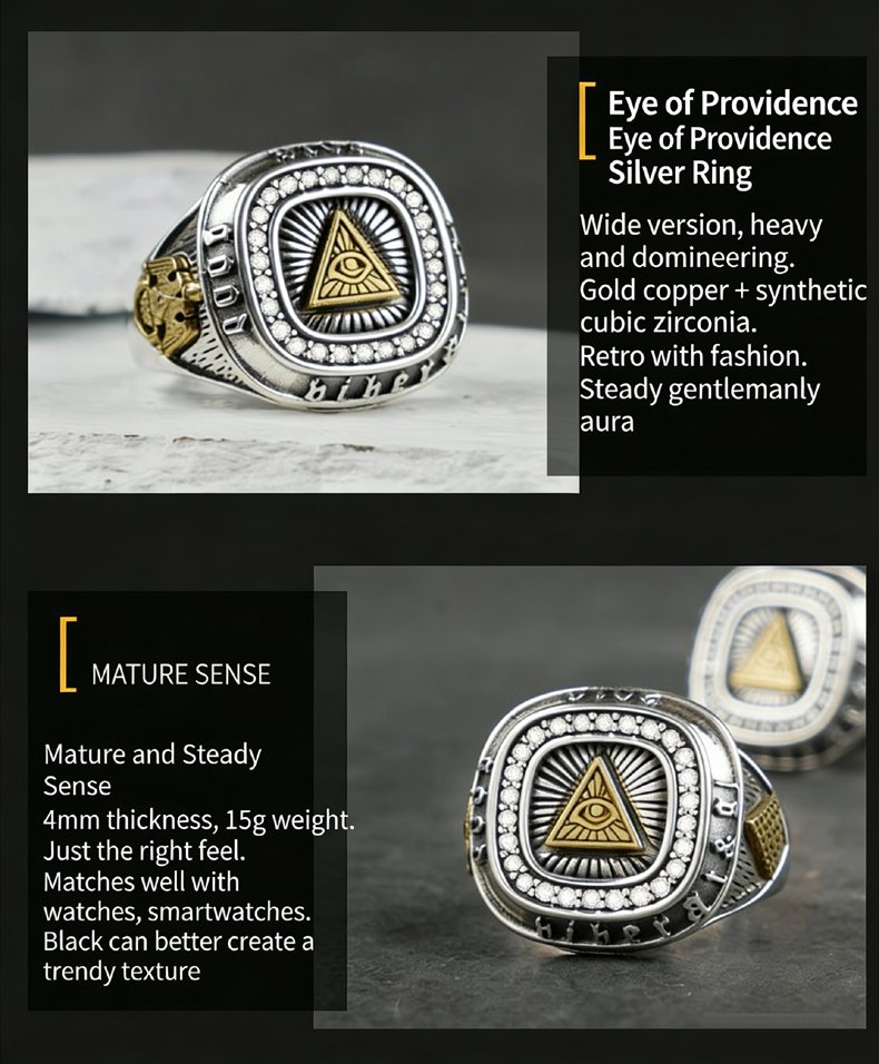 Vintage men’s S925 silver ring side view, 0.4cm thickness, 2.9cm width, Eye of Providence motif with CZ inlay