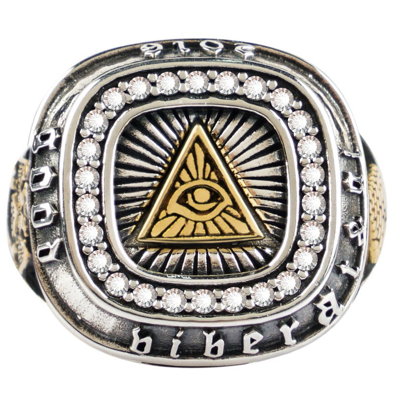 SYMARA Eye of Providence Ring front view, genuine S925 sterling silver with cubic zirconia, vintage men’s jewelry
