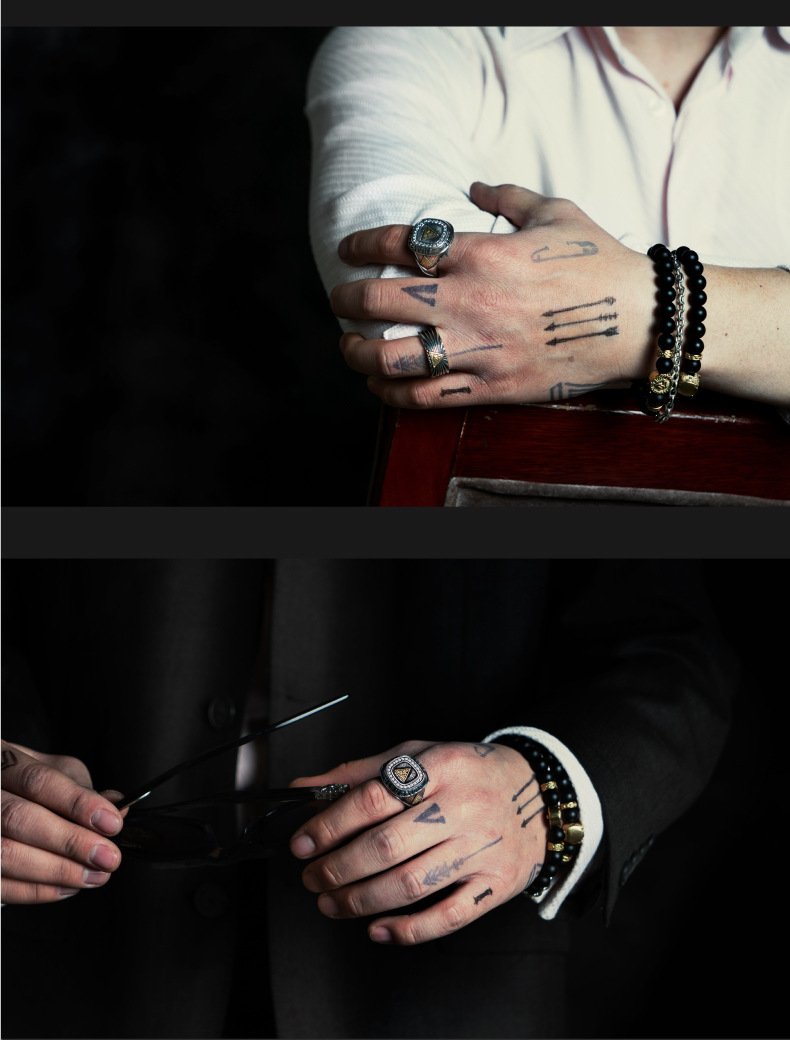 Men wearing SYMARA S925 silver Eye of Providence Ring, front view on finger, comfortable fit for daily wear