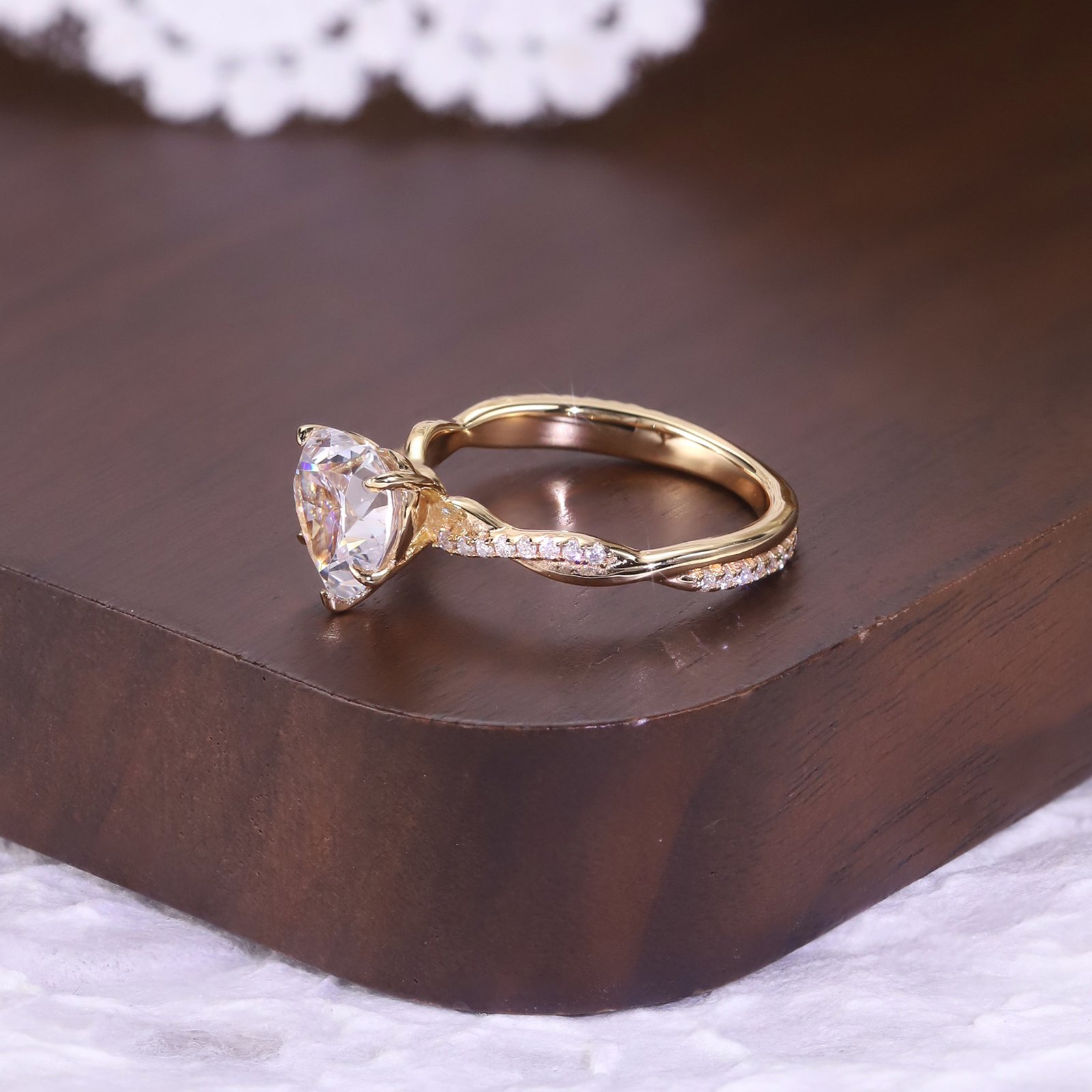 SYMARA heart moissanite ring front view, 925 sterling silver twisted shank vintage jewelry