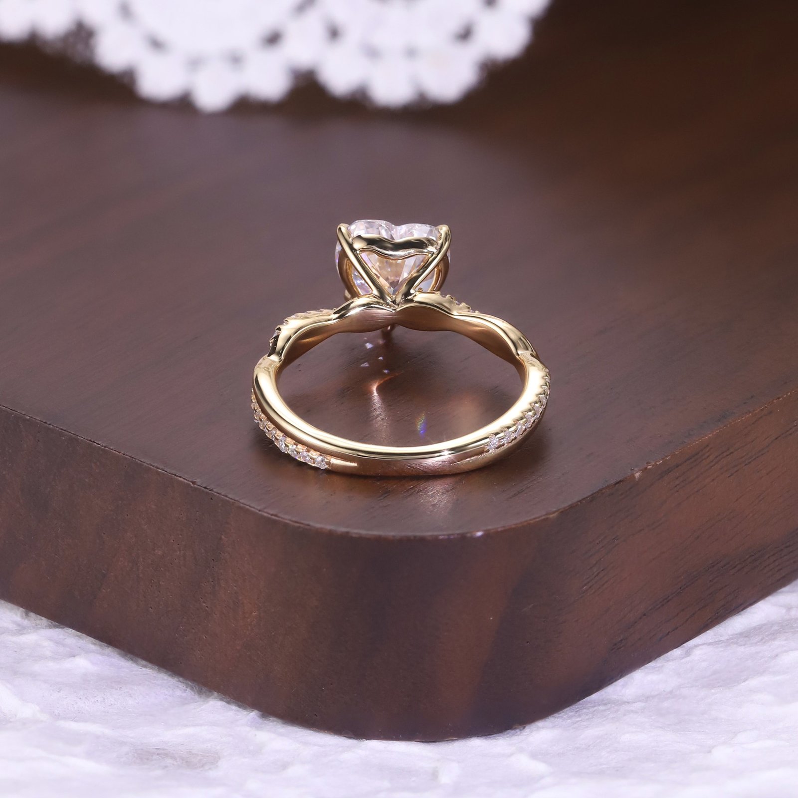 SYMARA heart moissanite ring front view, 925 sterling silver twisted shank vintage jewelry