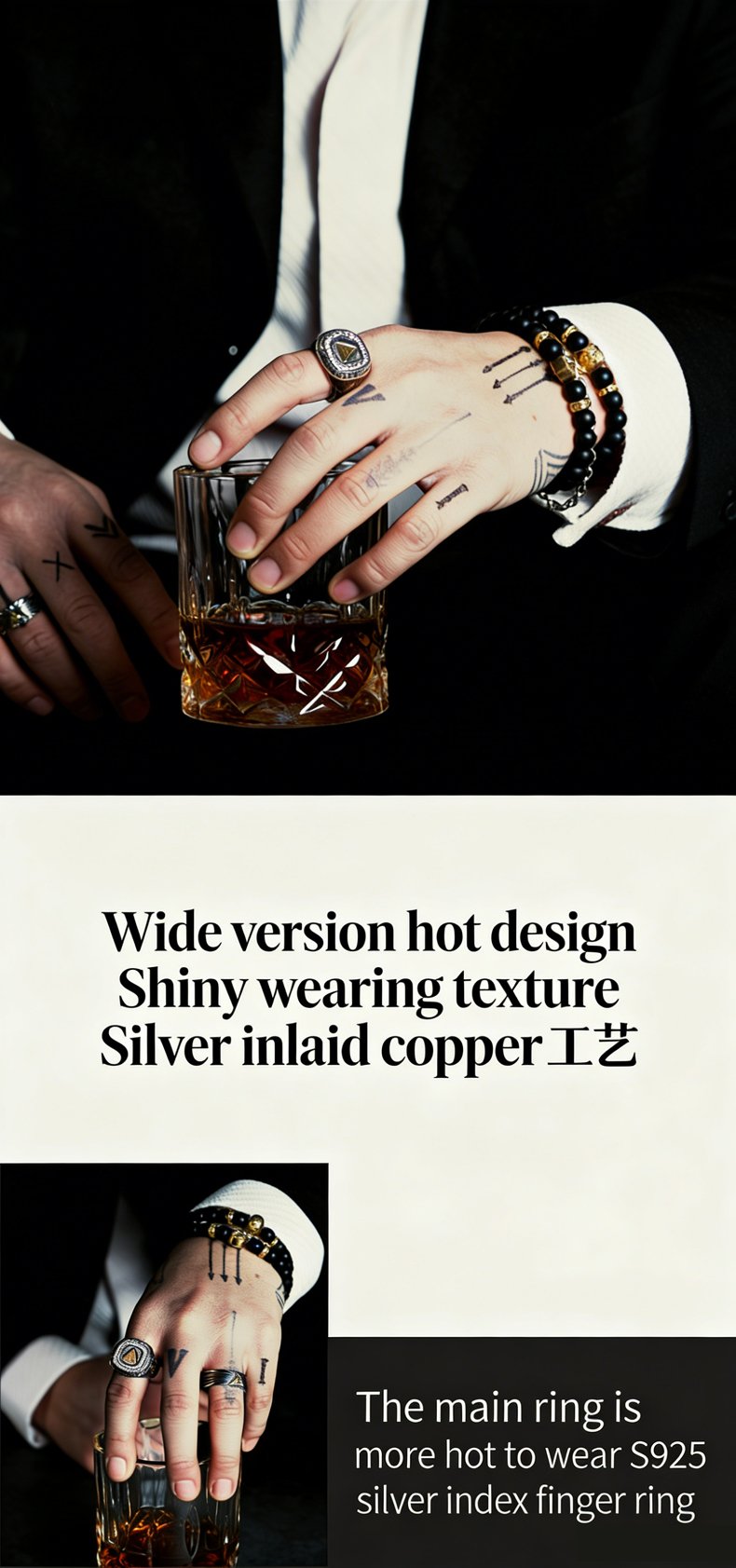 Closeup of hand wearing vintage S925 sterling silver cubic zirconia ring, Eye of Providence design for men