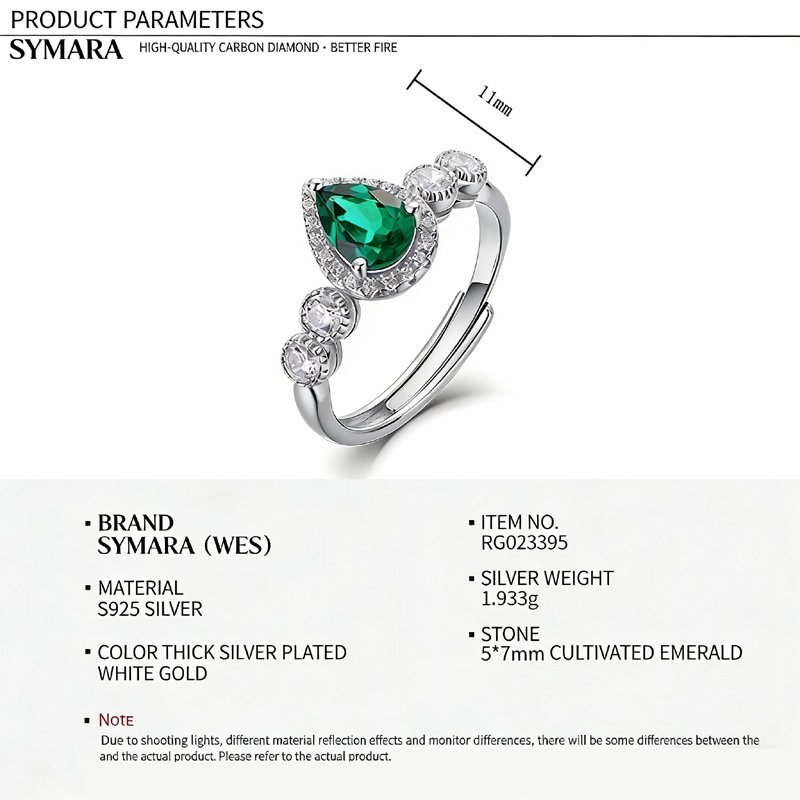 Close-up of SYMARA S925 silver emerald ring prong setting detail 