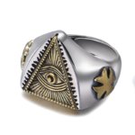 SYMARA S925 sterling silver all-seeing eye ring, two-tone polished silver and antique gold finish, front view.