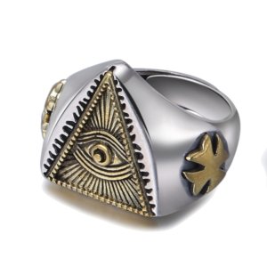 SYMARA S925 sterling silver all-seeing eye ring, two-tone polished silver and antique gold finish, front view.