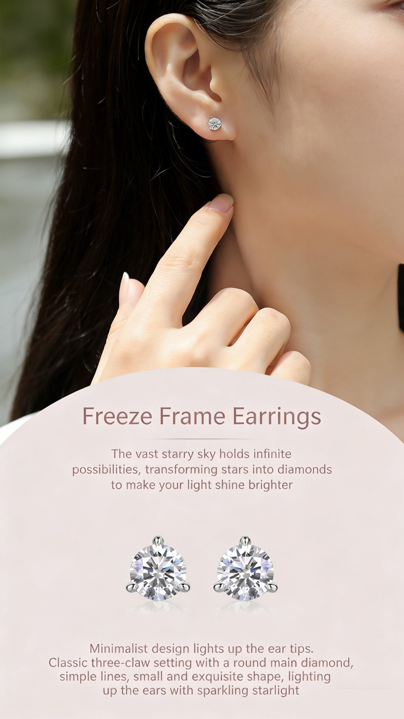 Side view of 1ct lab created diamond stud earrings on ear, showing how they sit