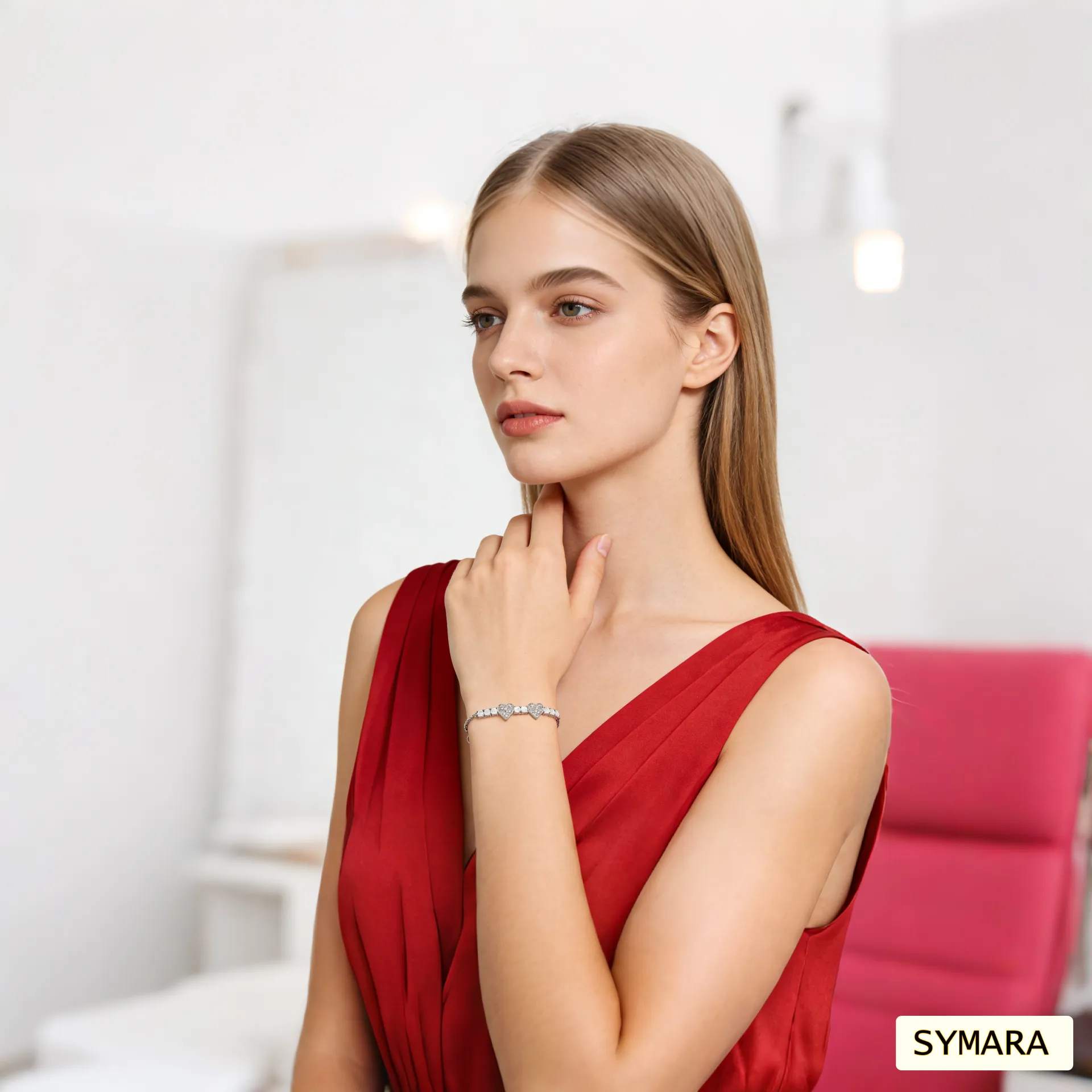 Model showcasing a white gold plated heart bracelet with sparkling CZ stone, rhodium finish over S925 sterling silver, adjustable 16+4cm chain fitting comfortably on wrist.