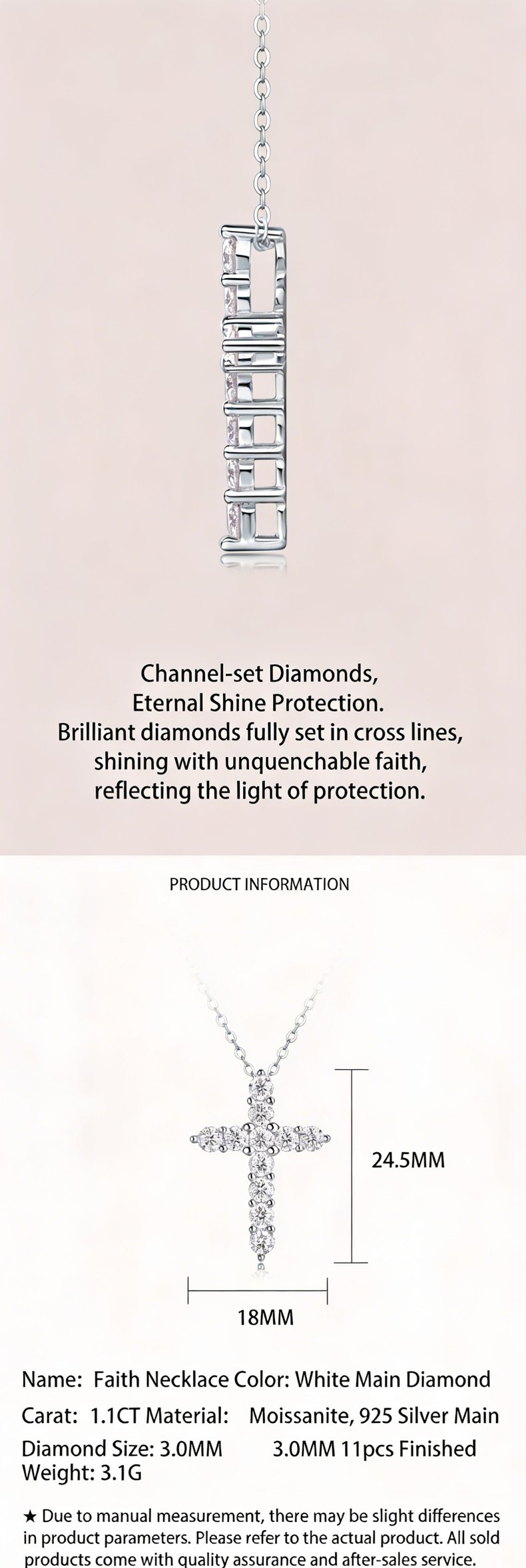 Hand model holding the moissanite cross pendant above the wrist, displaying the S925 silver chain and pendant in soft natural light, showing pendant proportion and hand styling.