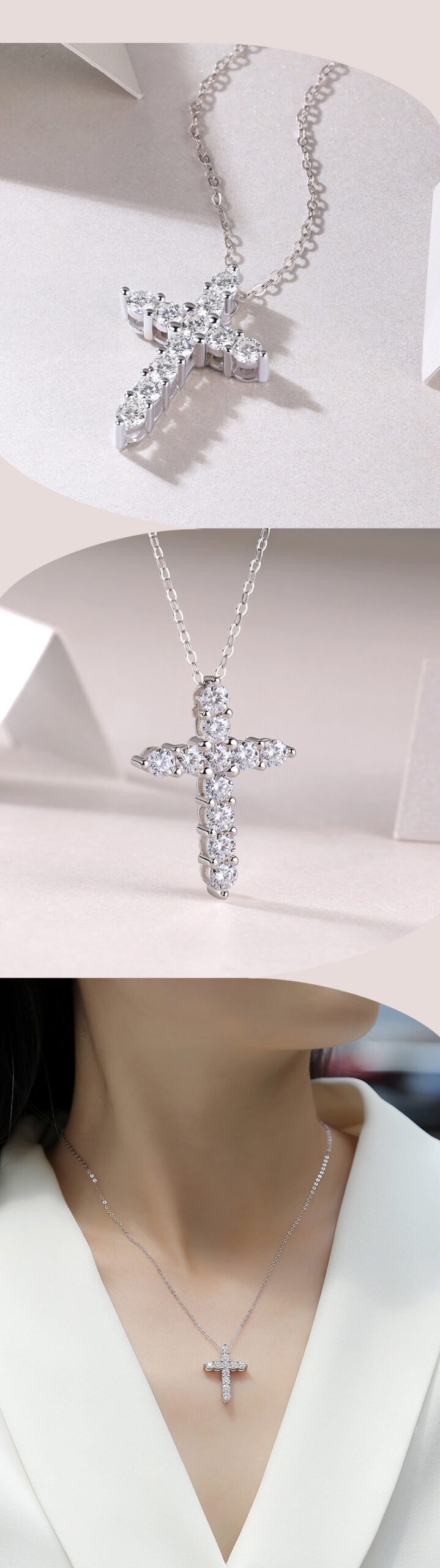 Female model wearing the moissanite cross necklace as a collarbone chain, with natural light reflecting the cross's brilliance, showcasing everyday elegant styling