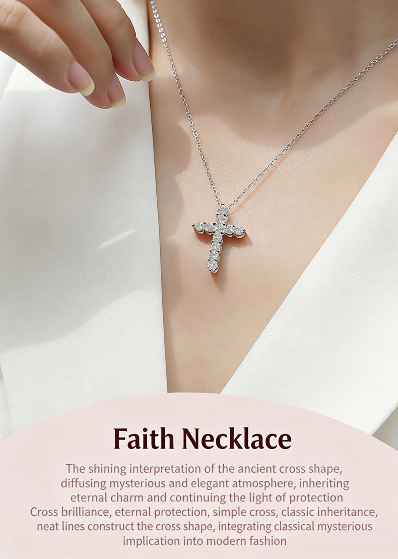 Hand model holding the moissanite cross pendant above the wrist, displaying the S925 silver chain and pendant in soft natural light, showing pendant proportion and hand styling.