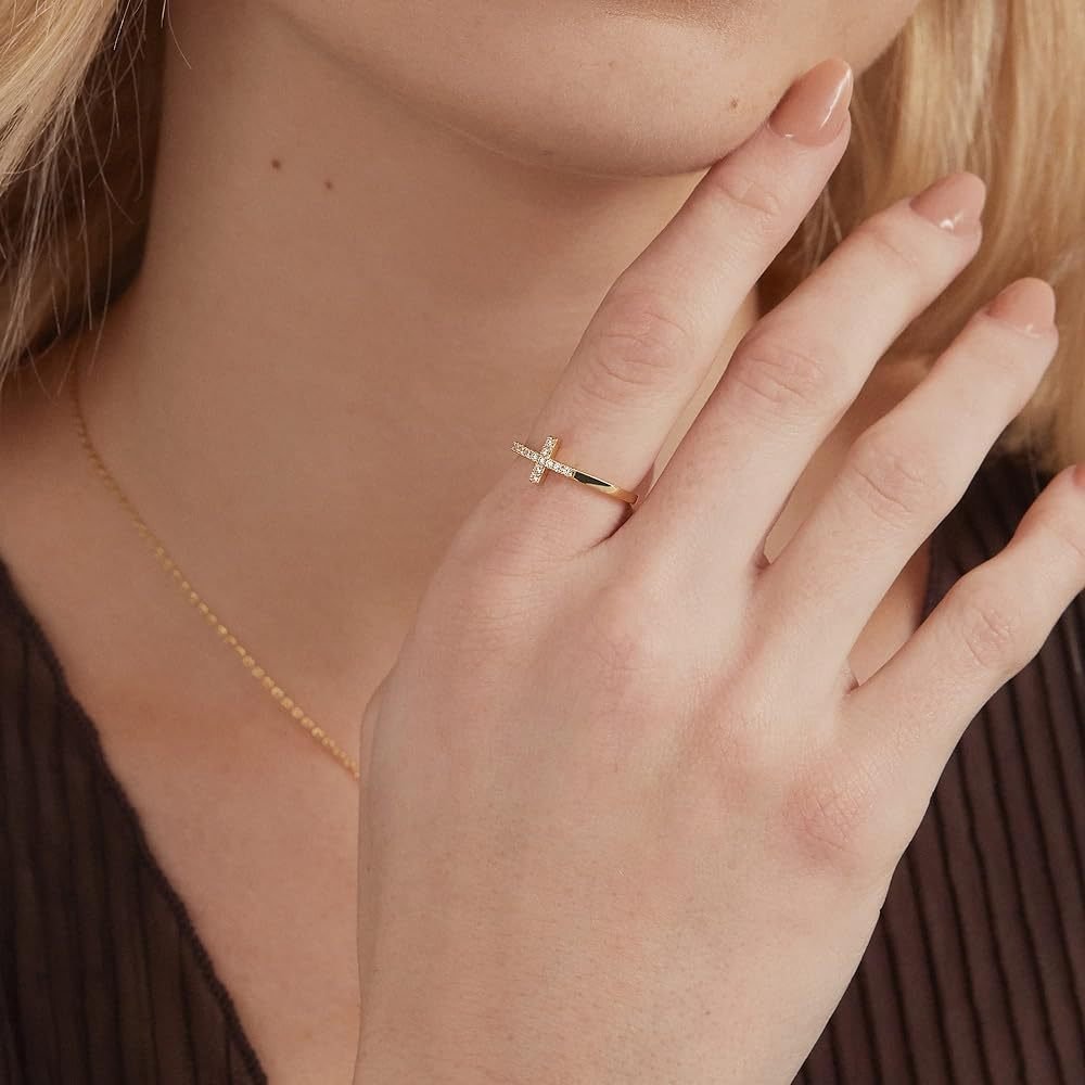 Female model wearing Dainty Pavé Diamond Cross Ring, minimalist fashion ring band
