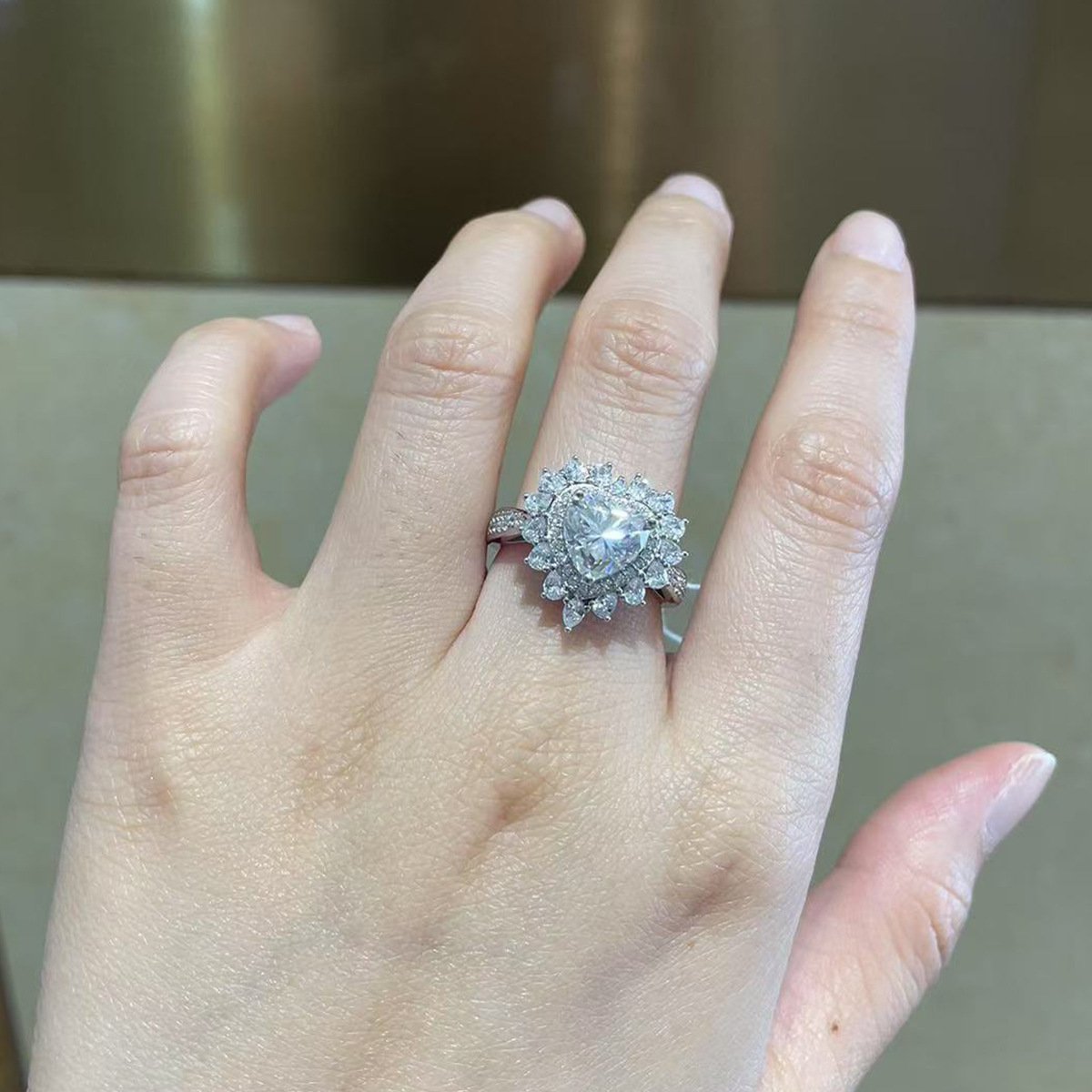 2ct-moissanite-heart-ring-worn-on-finger-mother-daughter Mother daughter heart ring worn on finger, 2CT moissanite statement design for women