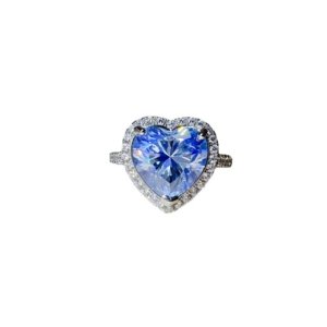5CT blue heart cut moissanite promise ring in S925 silver, micro-pave halo design