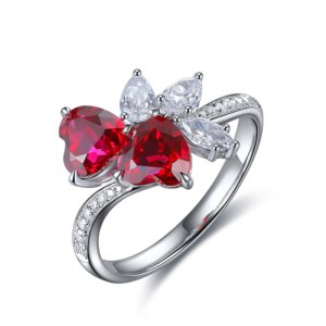Anniversary heart ring with double heart lab-grown ruby stones in 925 sterling silver